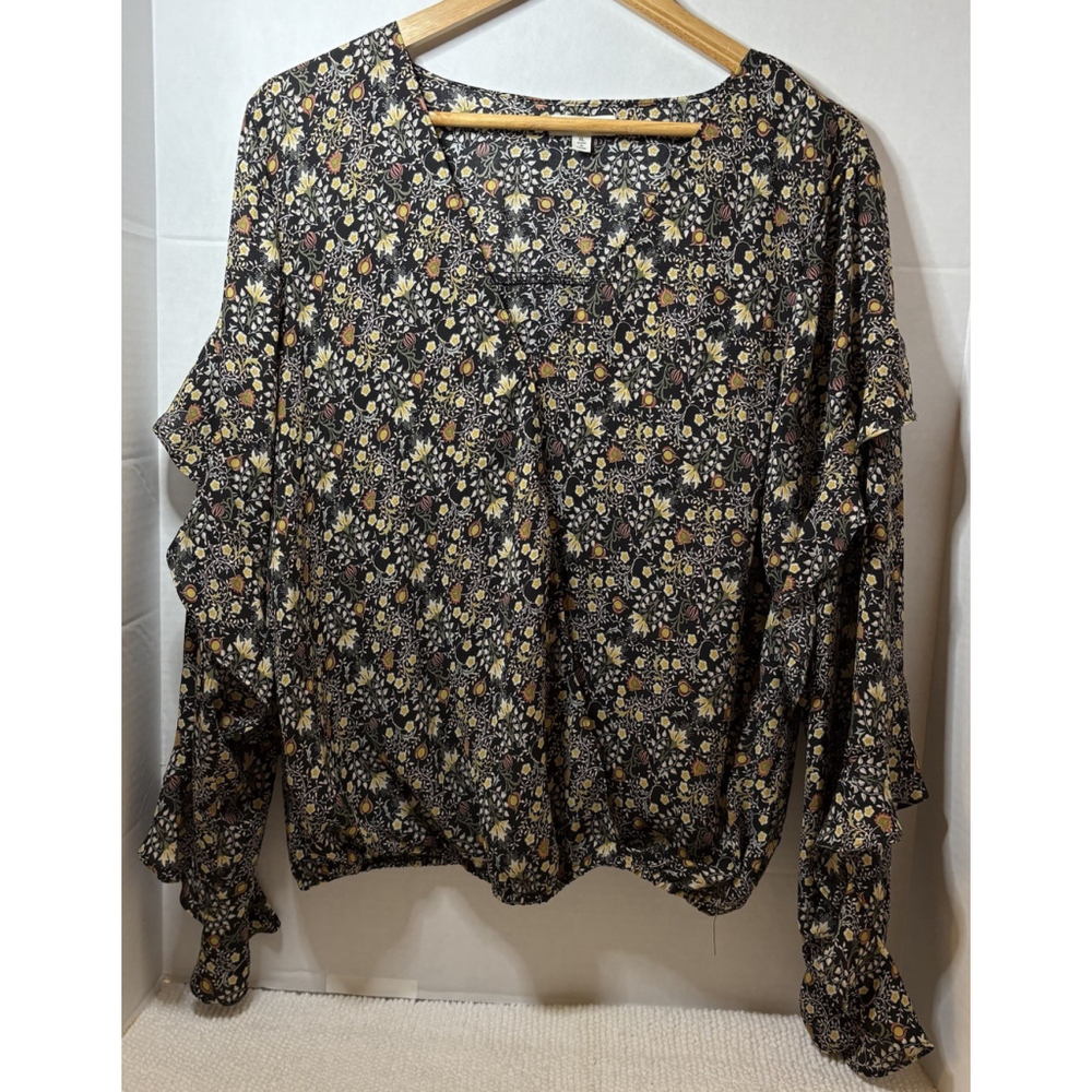Max Studio Black Floral Blouse Women's XL Long Ruffle Sleeve Elastic Hem